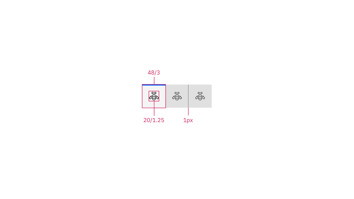 Structure and spacing measurements for icon-only contained tabs in px and
  rem